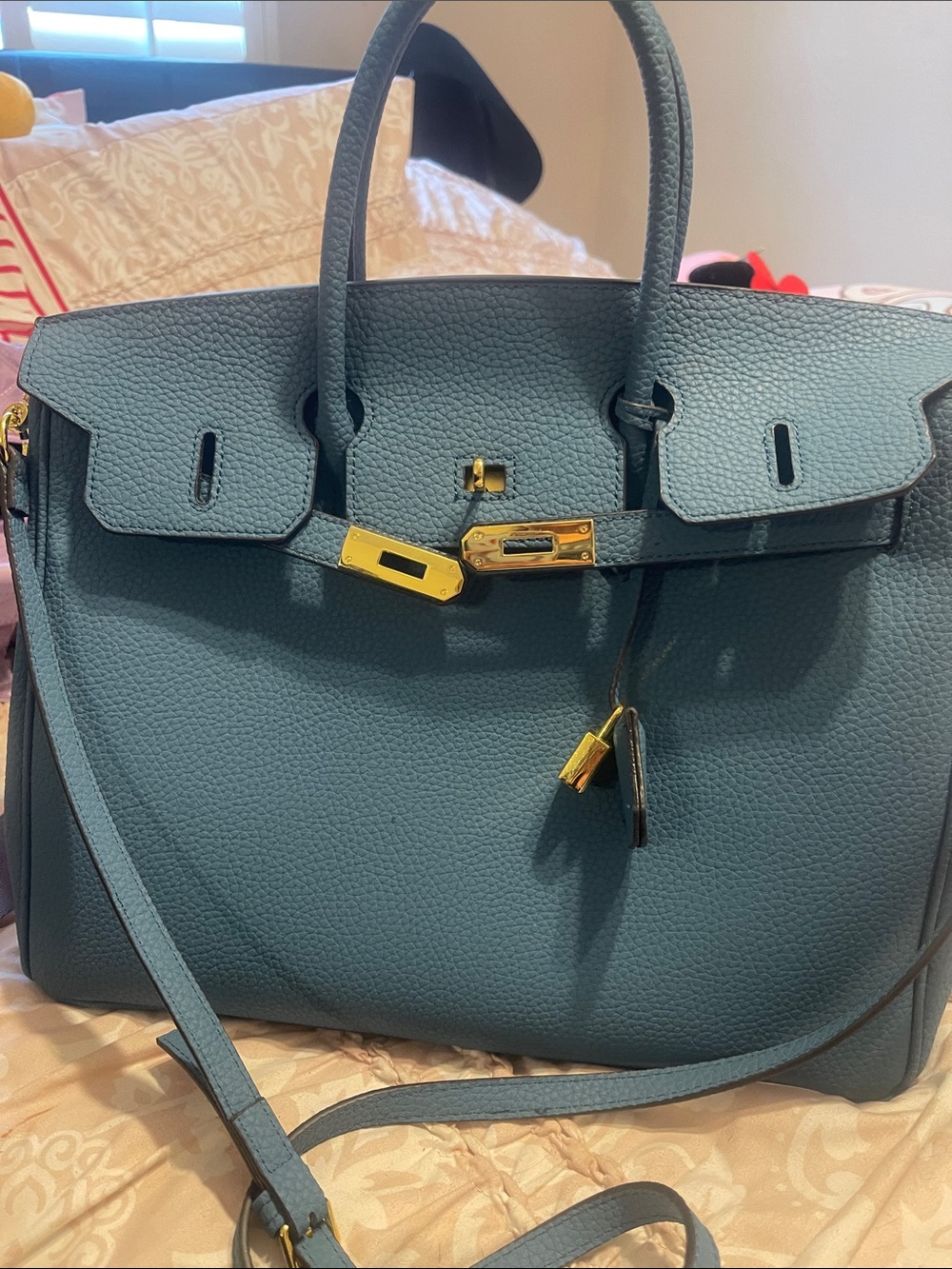 Gorgeous Large Classic Structured Teal Leather Tote Bag with Gold Hardware